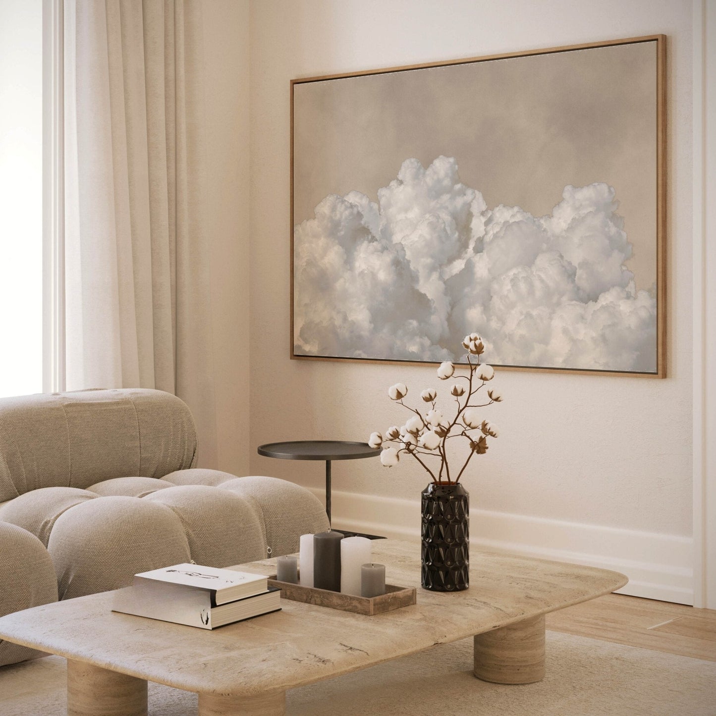 Neutral landscape cloud oversized framed canvas wall art by Aureous 