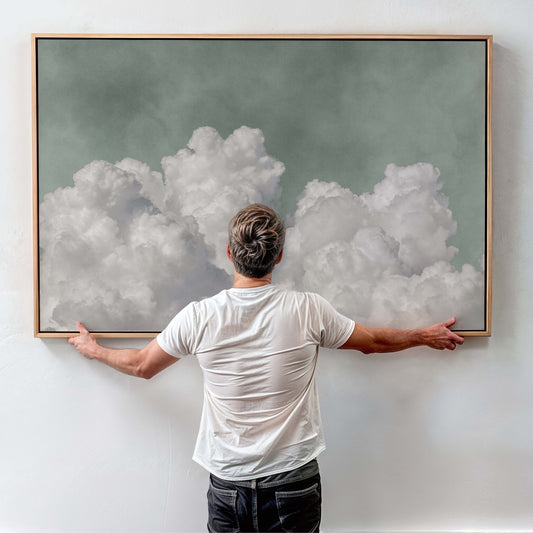 Extra large sage green clouds framed canvas wall art