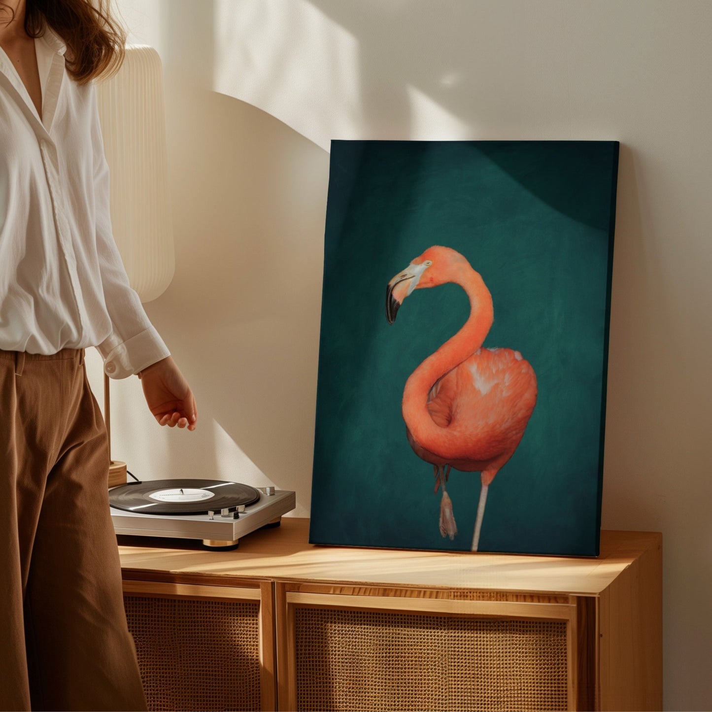 Green Flamingo Canvas Wall Art by Aureous 