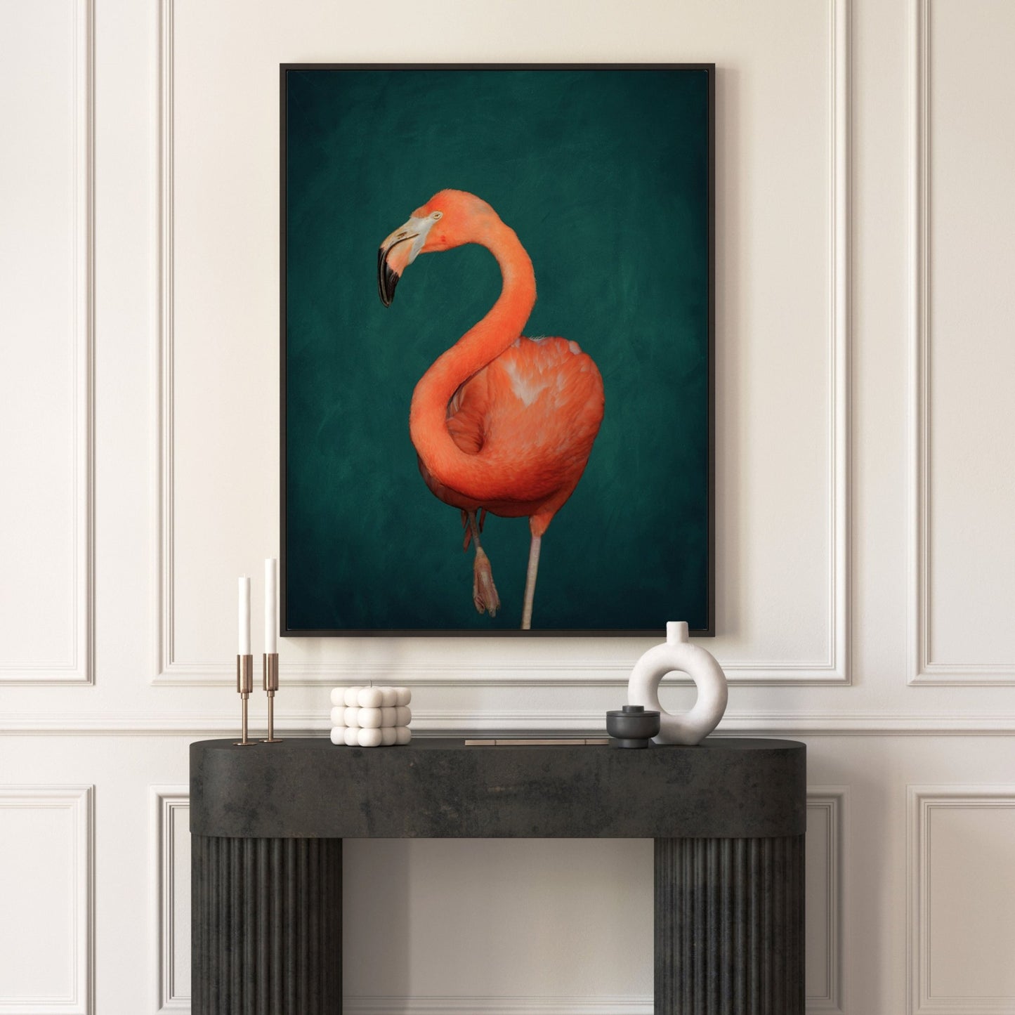 Emerald Green Flamingo Framed Canvas Wall Art by Aureous 