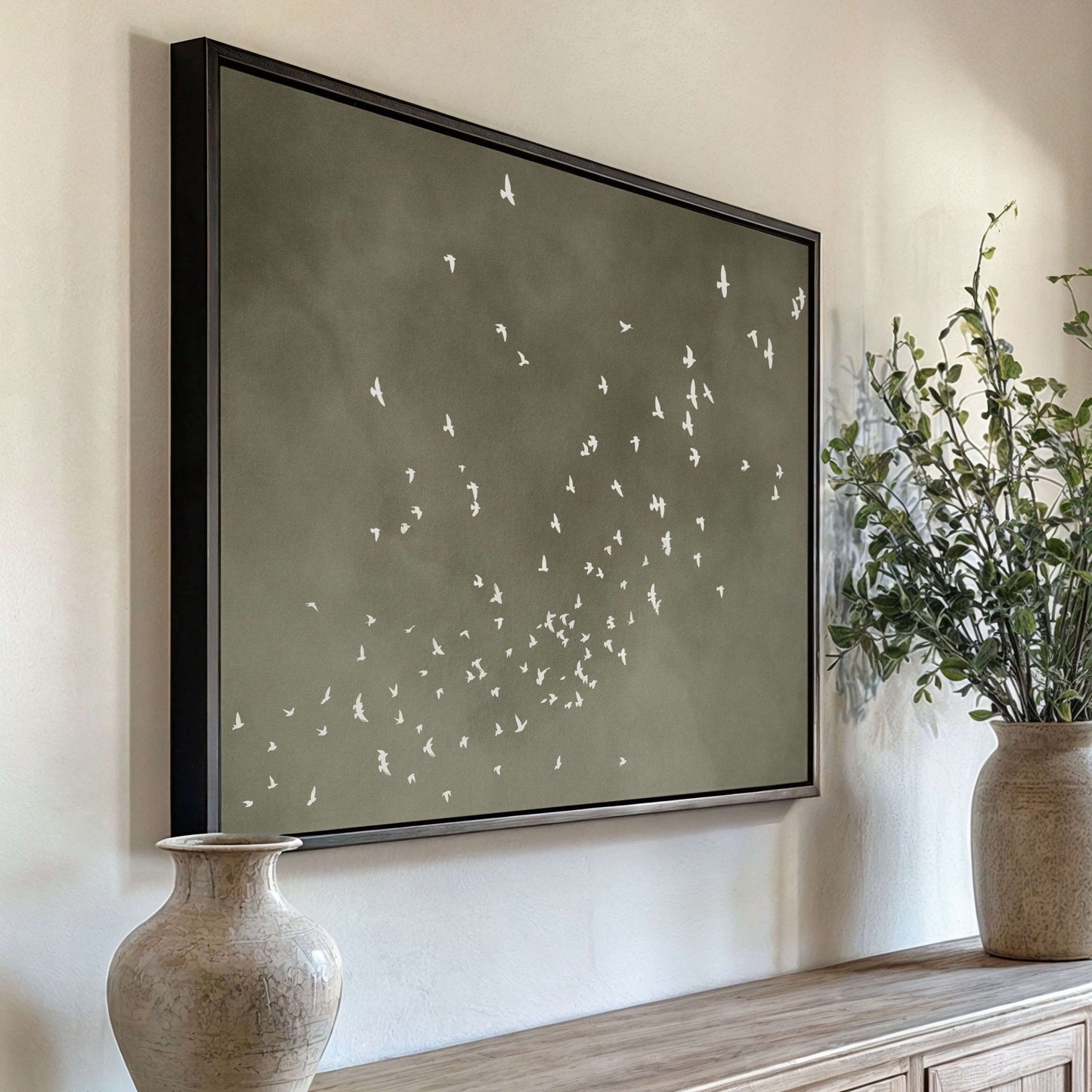 Flock Framed Canvas - Olive / Horizontal - AureousHome