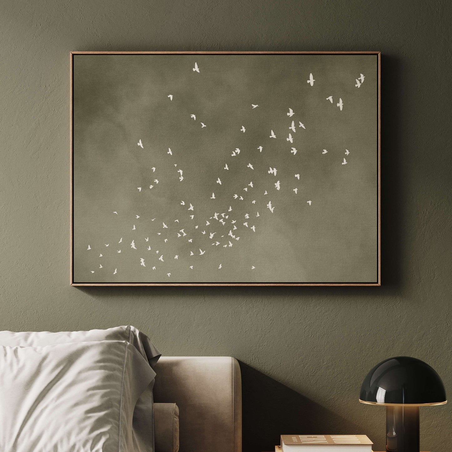 Flock Framed Canvas - Olive / Horizontal - AureousHome