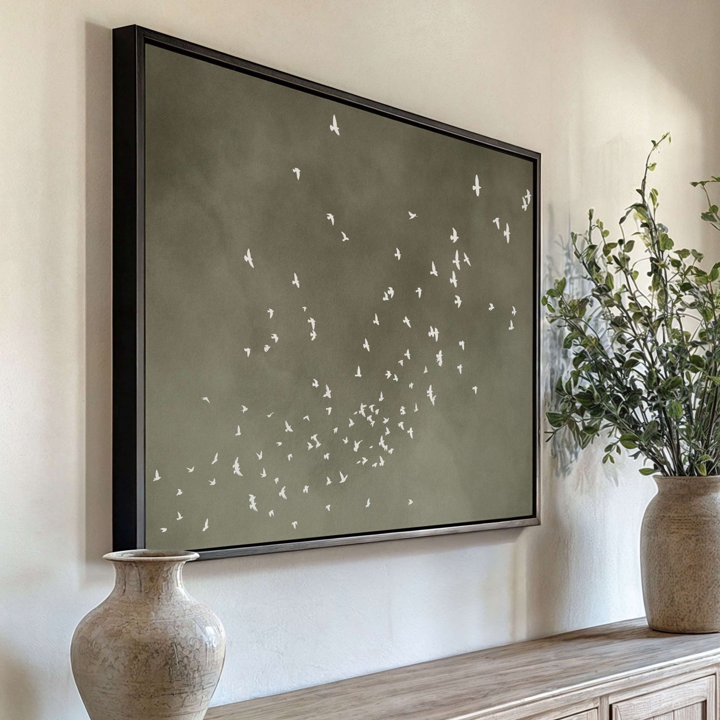 Flock Framed Canvas - Olive / Horizontal - AureousHome