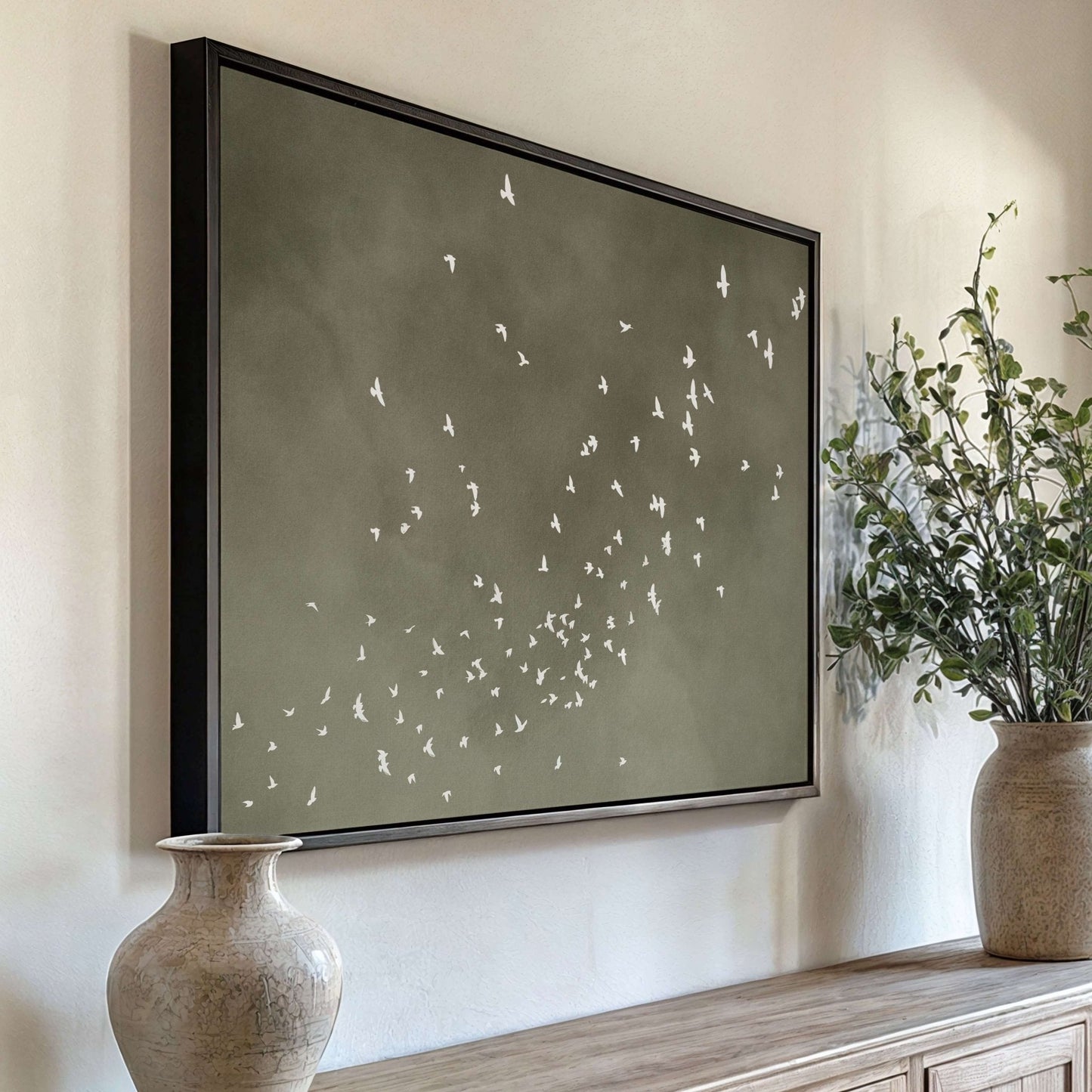Flock Framed Canvas - Olive / Horizontal - AureousHome