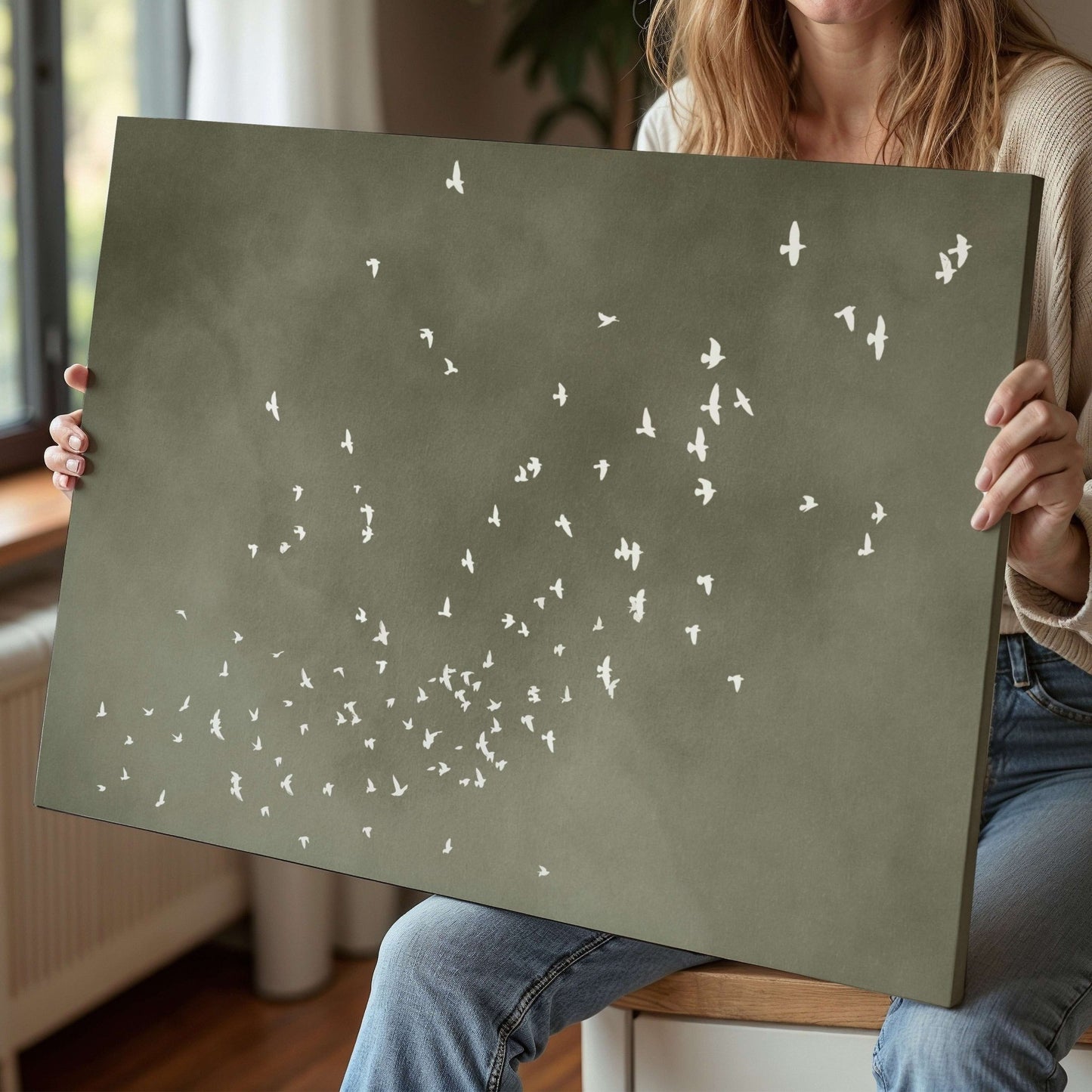 Flock Framed Canvas - Olive / Horizontal - AureousHome