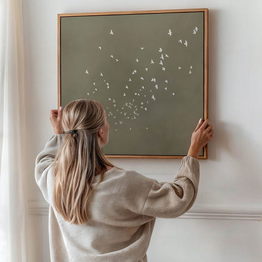 Flock Square Framed Canvas - Olive - AureousHome