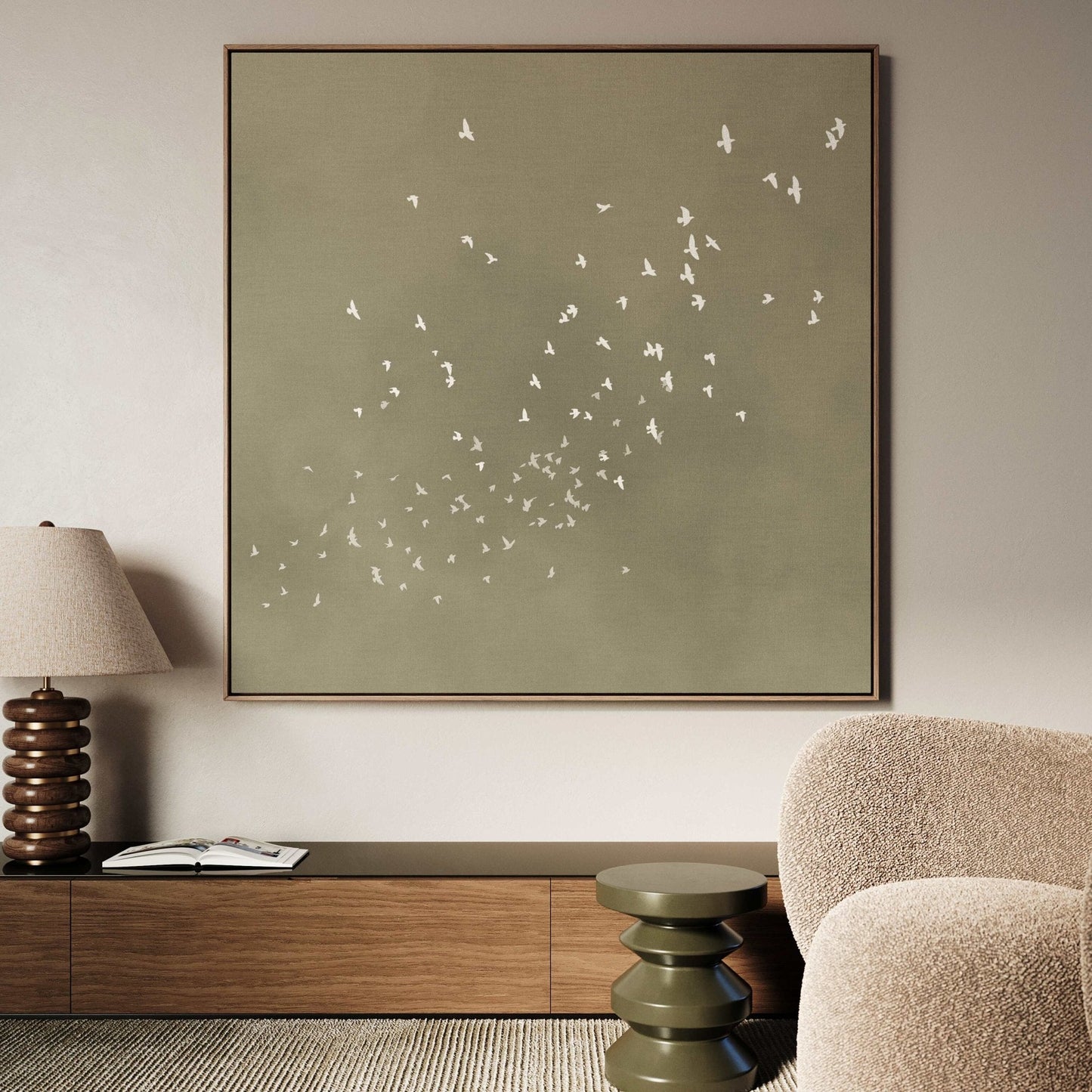 Flock Square Framed Canvas - Olive - AureousHome