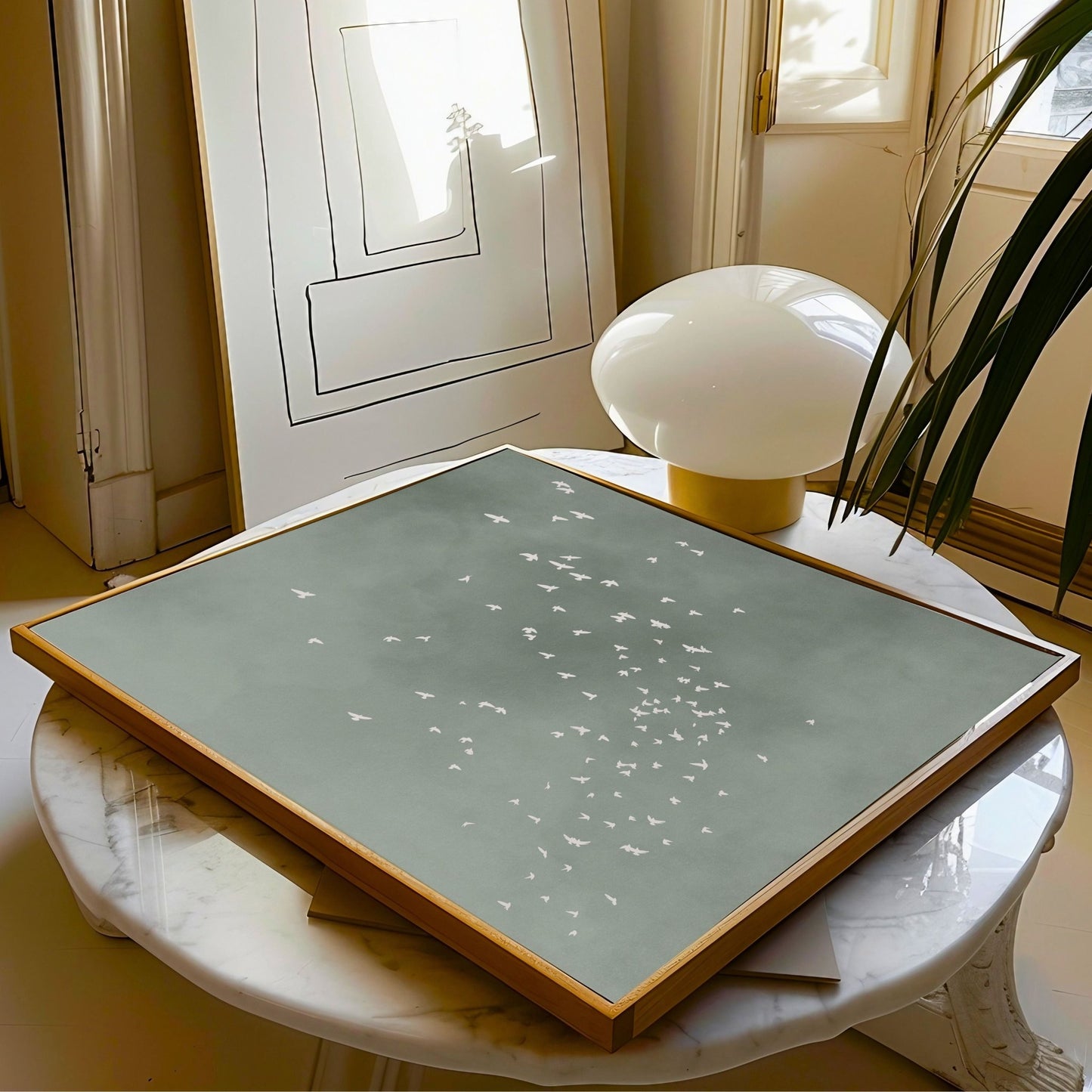 Flock Square Framed Canvas - Sage - AureousHome
