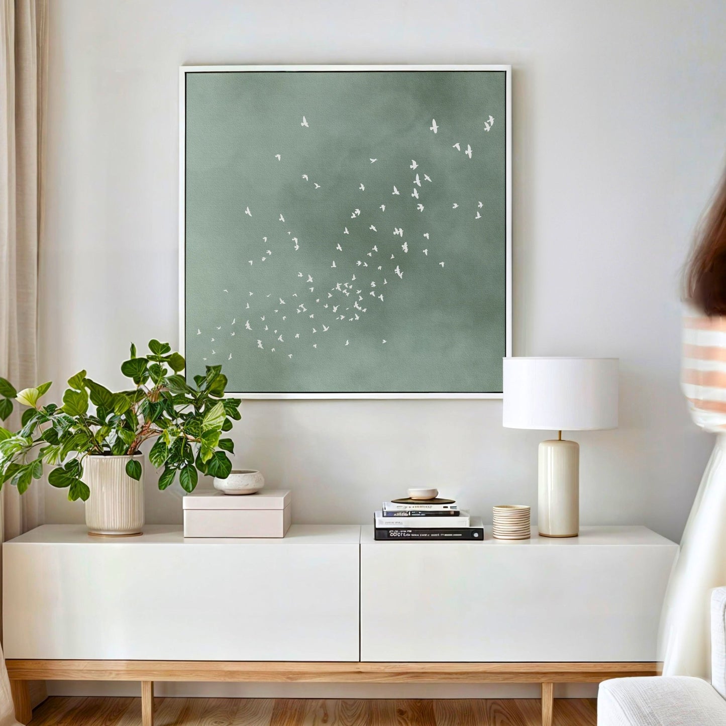 Flock Square Framed Canvas - Sage - AureousHome