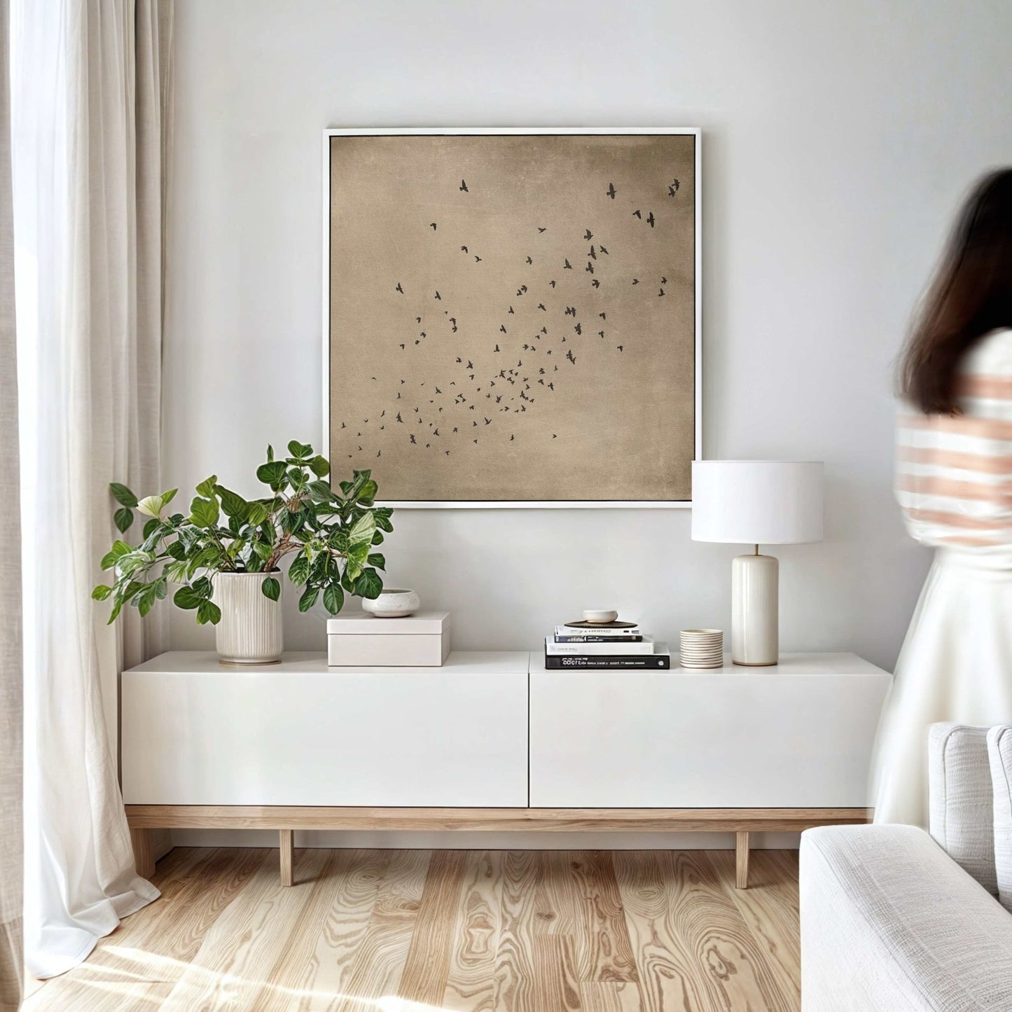 Flock Square Framed Canvas - Tan - AureousHome