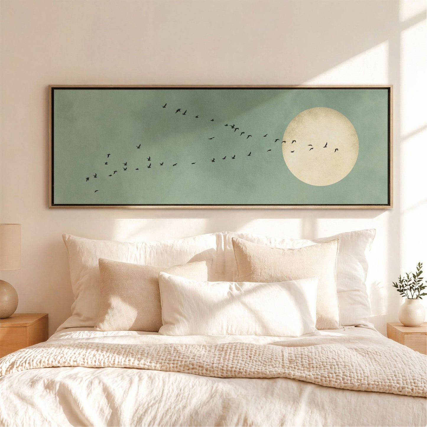 Full Moon Framed Canvas - Sage / Panoramic - AureousHome