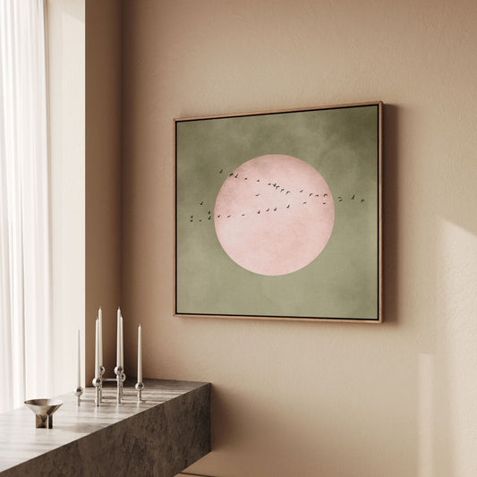 Full Moon Square Framed Canvas - Olive / Pink - AureousHome