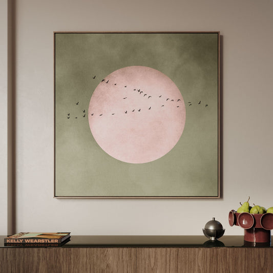 Full Moon Square Framed Canvas - Olive / Pink - AureousHome