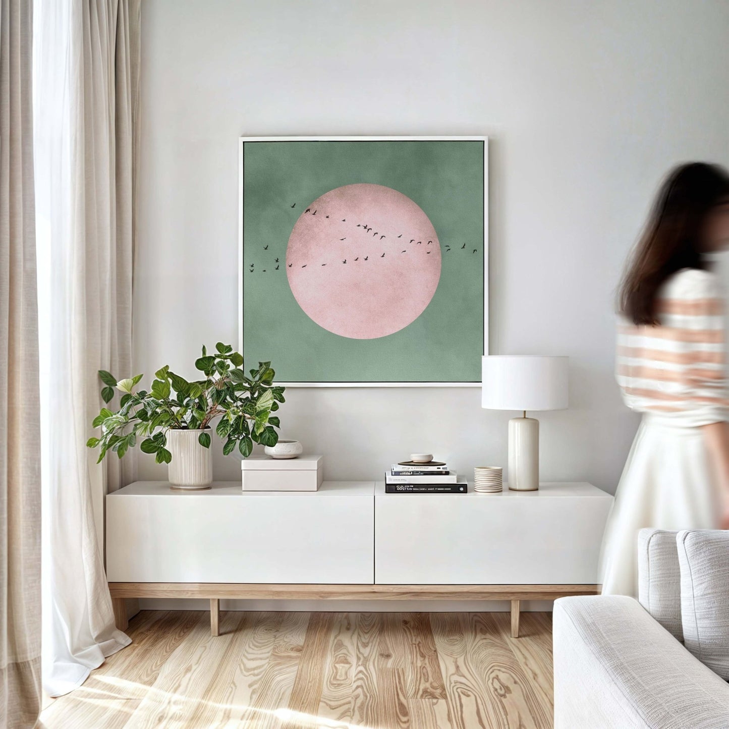 Full Moon Square Framed Canvas - Sage / Blush - AureousHome