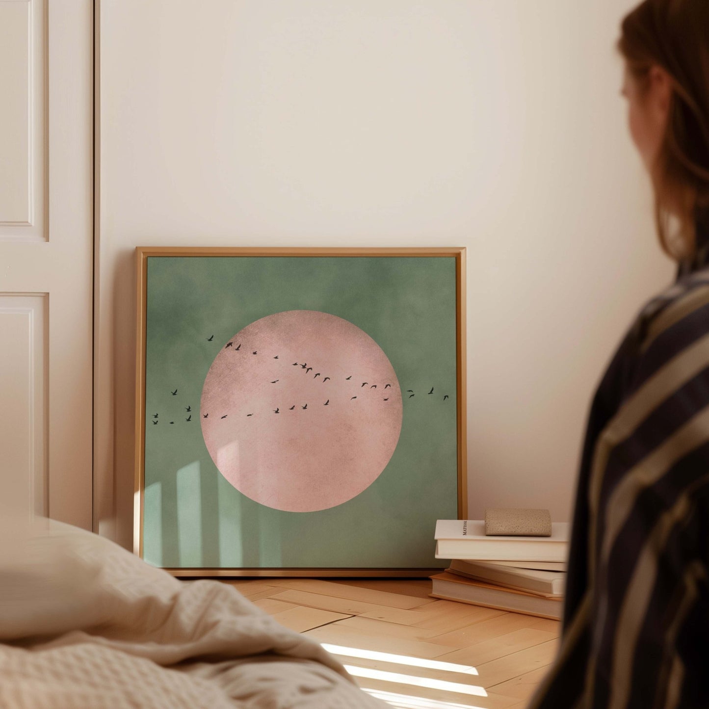 Full Moon Square Framed Canvas - Sage / Blush - AureousHome