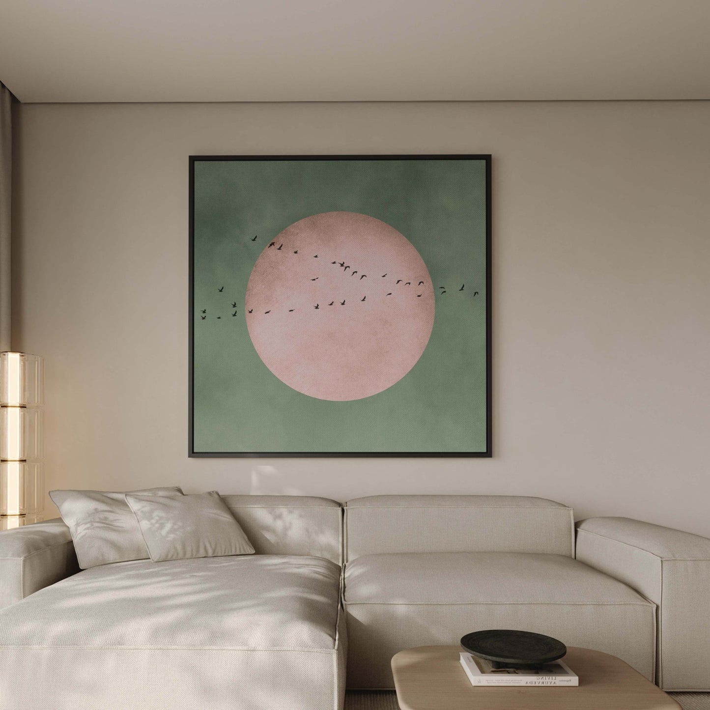 Full Moon Square Framed Canvas - Sage / Blush - AureousHome