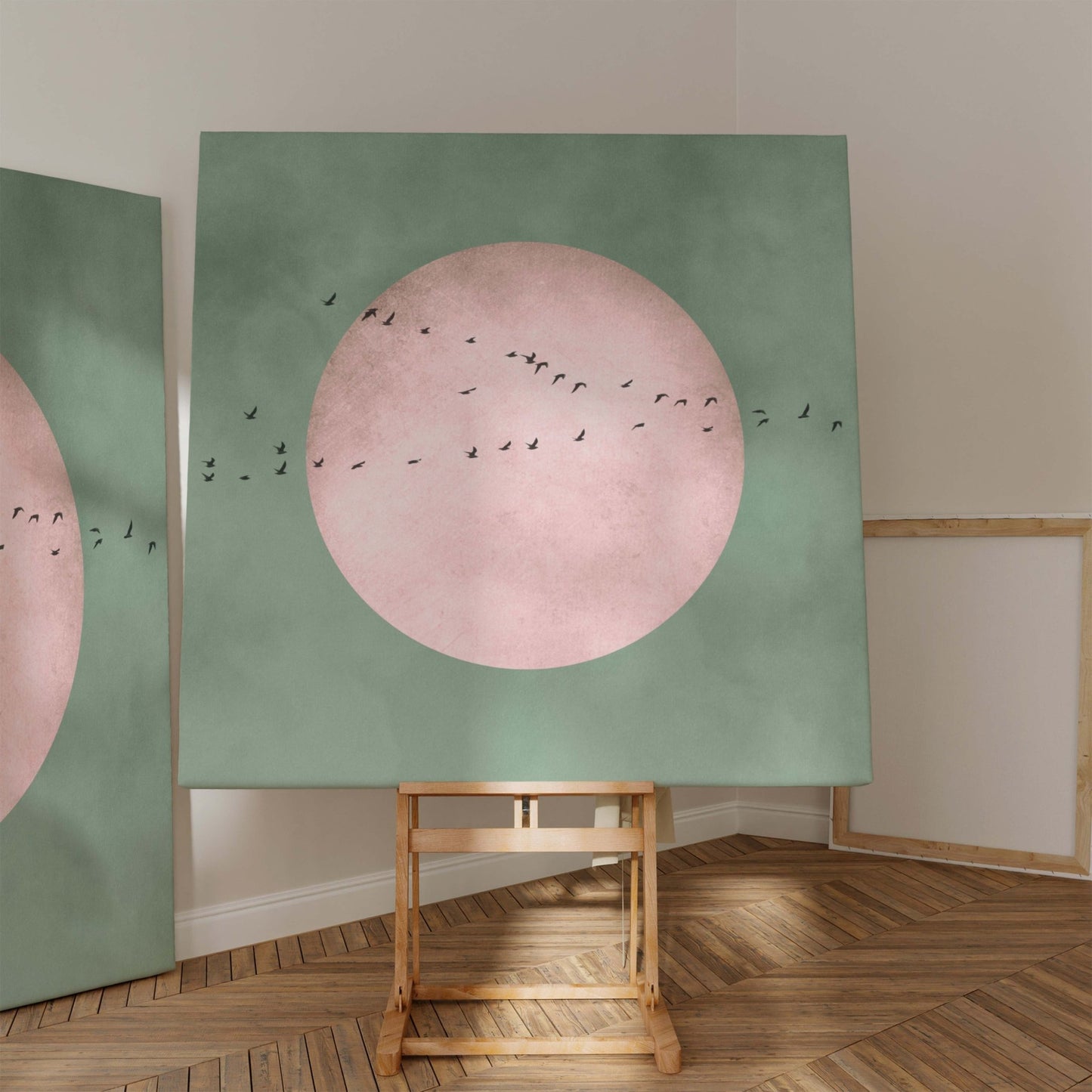 Full Moon Square Framed Canvas - Sage / Blush - AureousHome