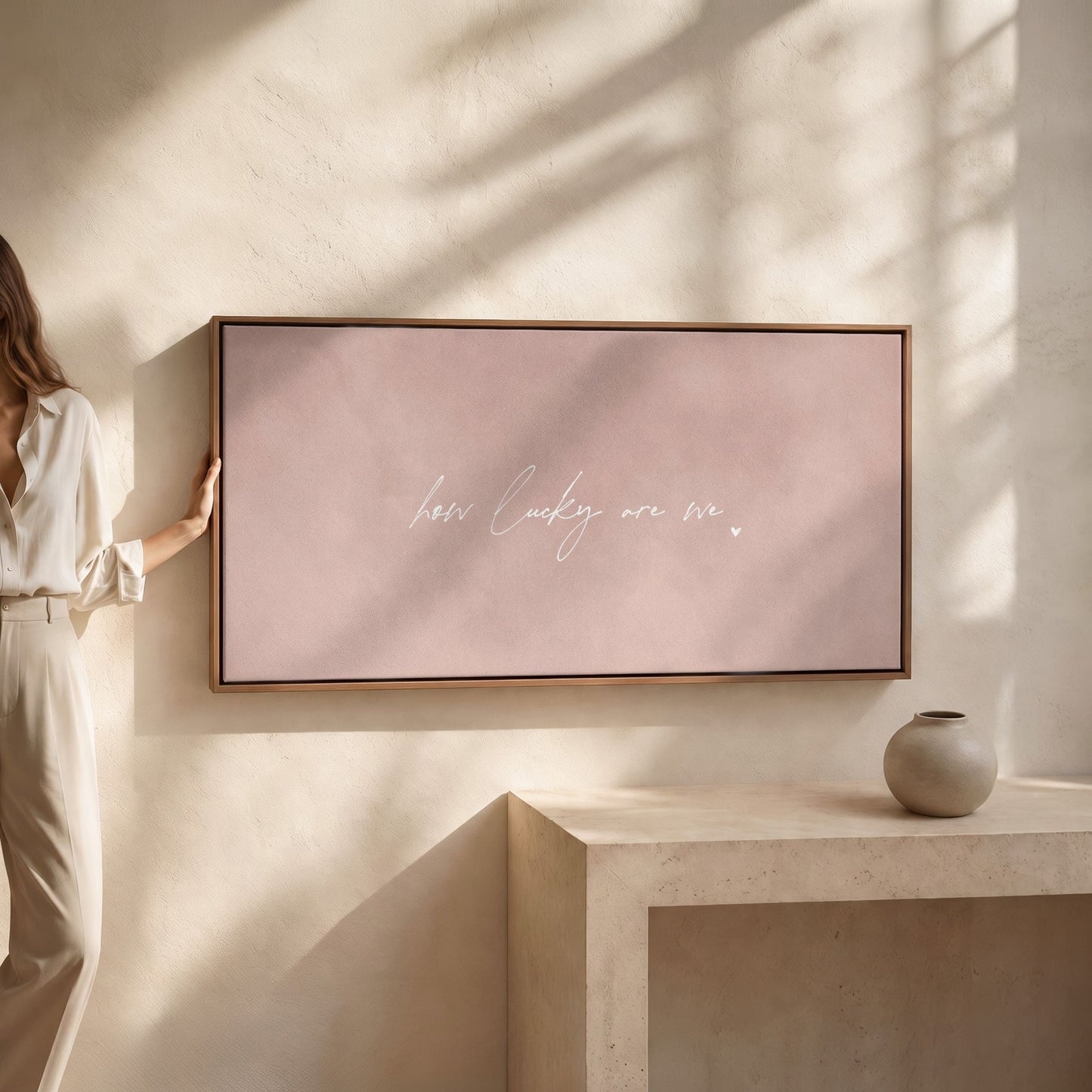 How Lucky Are We Framed Canvas - Pink / Panoramic - AureousHome