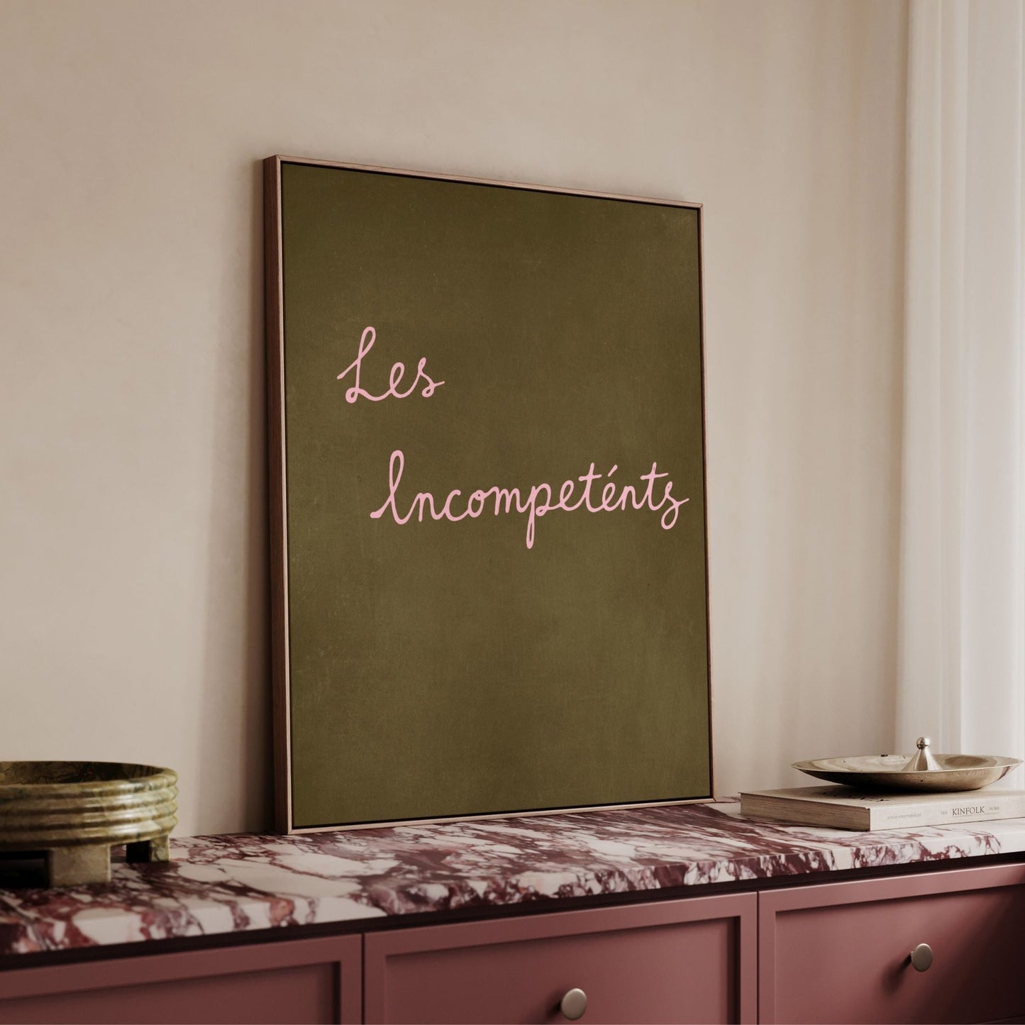 Les Incompeténts Framed Canvas - Olive / Blush - AureousHome