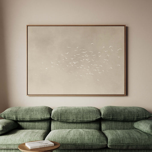 Les Oiseaux Framed Canvas - Beige / Horizontal - AureousHome