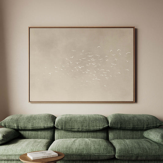 Les Oiseaux Framed Canvas - Beige / Horizontal - AureousHome