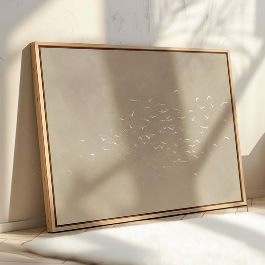 Les Oiseaux Framed Canvas - Beige / Horizontal - AureousHome