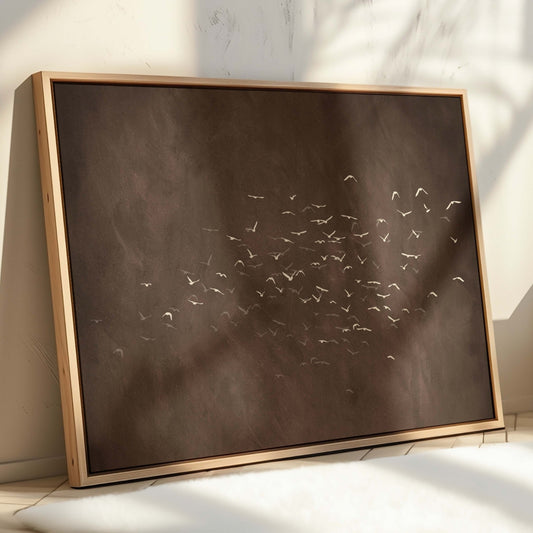 Les Oiseaux Framed Canvas - Espresso Brown / Horizontal - AureousHome