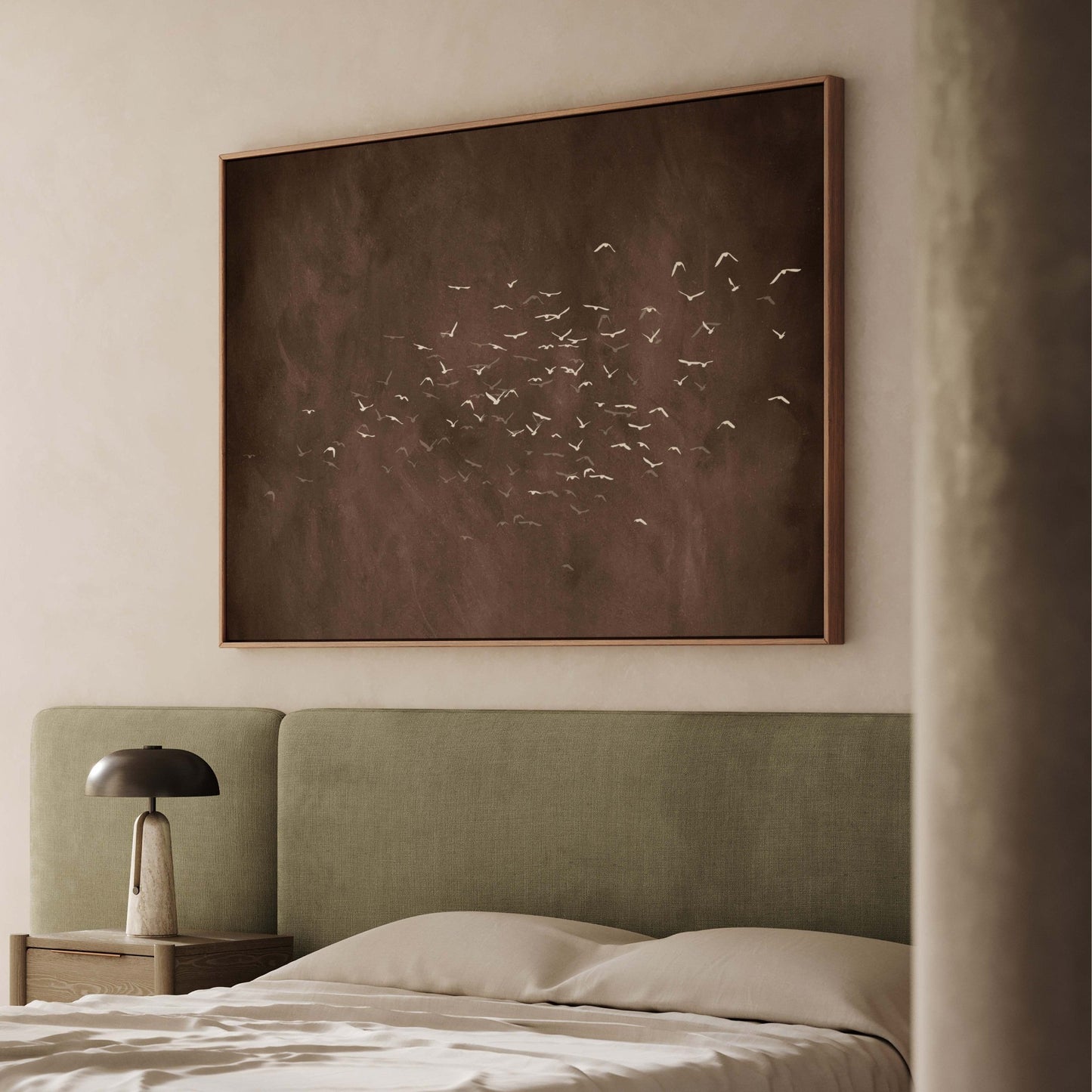 Les Oiseaux Framed Canvas - Espresso Brown / Horizontal - AureousHome