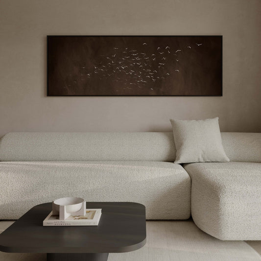 Les Oiseaux Framed Canvas - Espresso / Panoramic - AureousHome