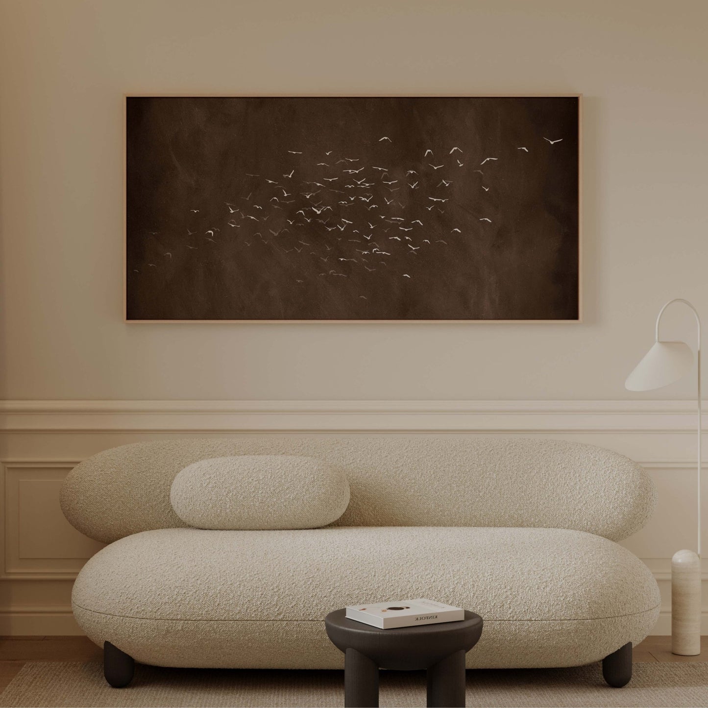 Les Oiseaux Framed Canvas - Espresso / Panoramic - AureousHome