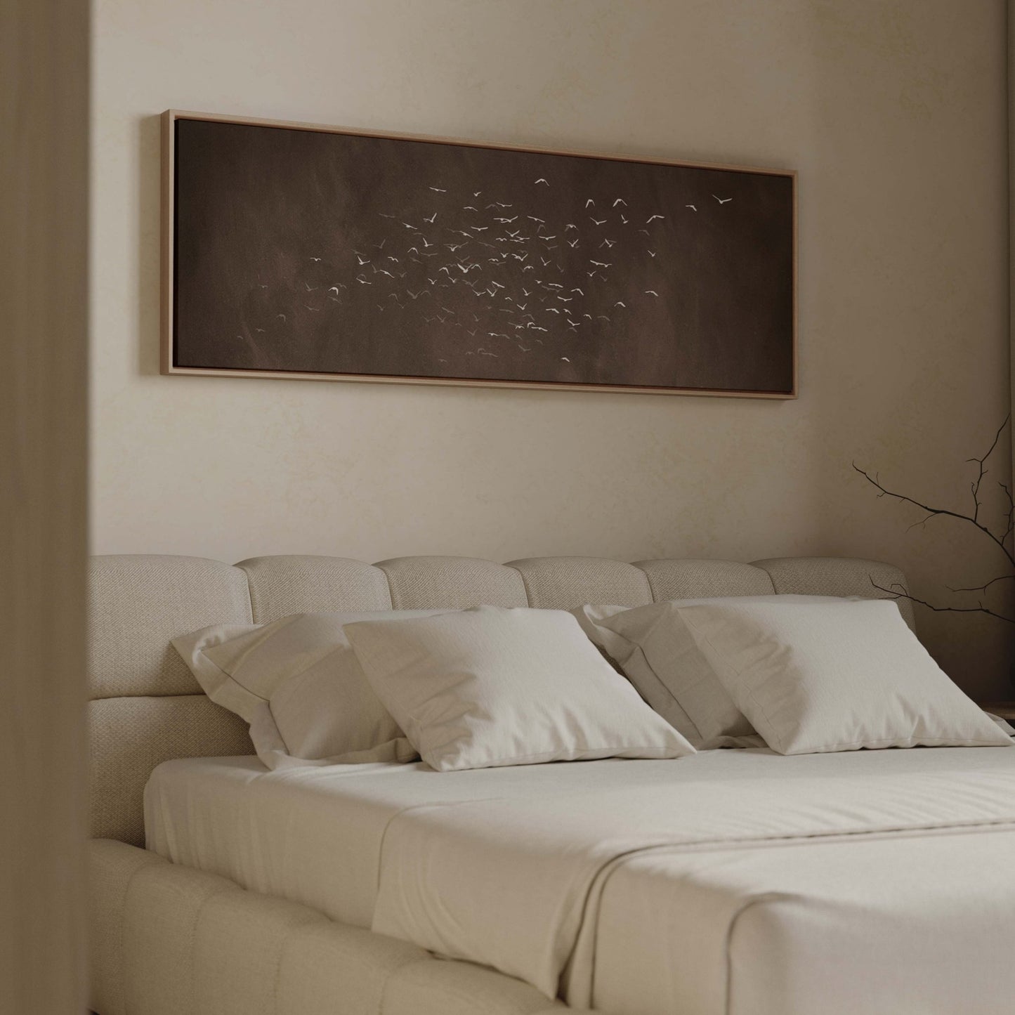 Les Oiseaux Framed Canvas - Espresso / Panoramic - AureousHome