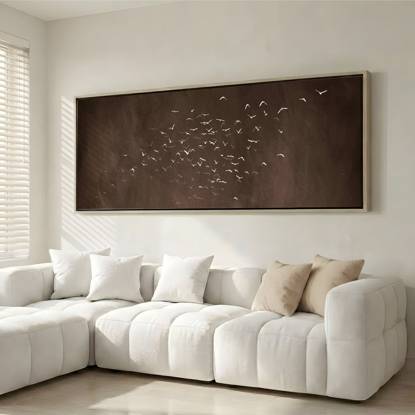 Les Oiseaux Framed Canvas - Espresso / Panoramic - AureousHome