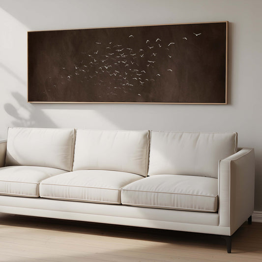 Les Oiseaux Framed Canvas - Espresso / Panoramic - AureousHome