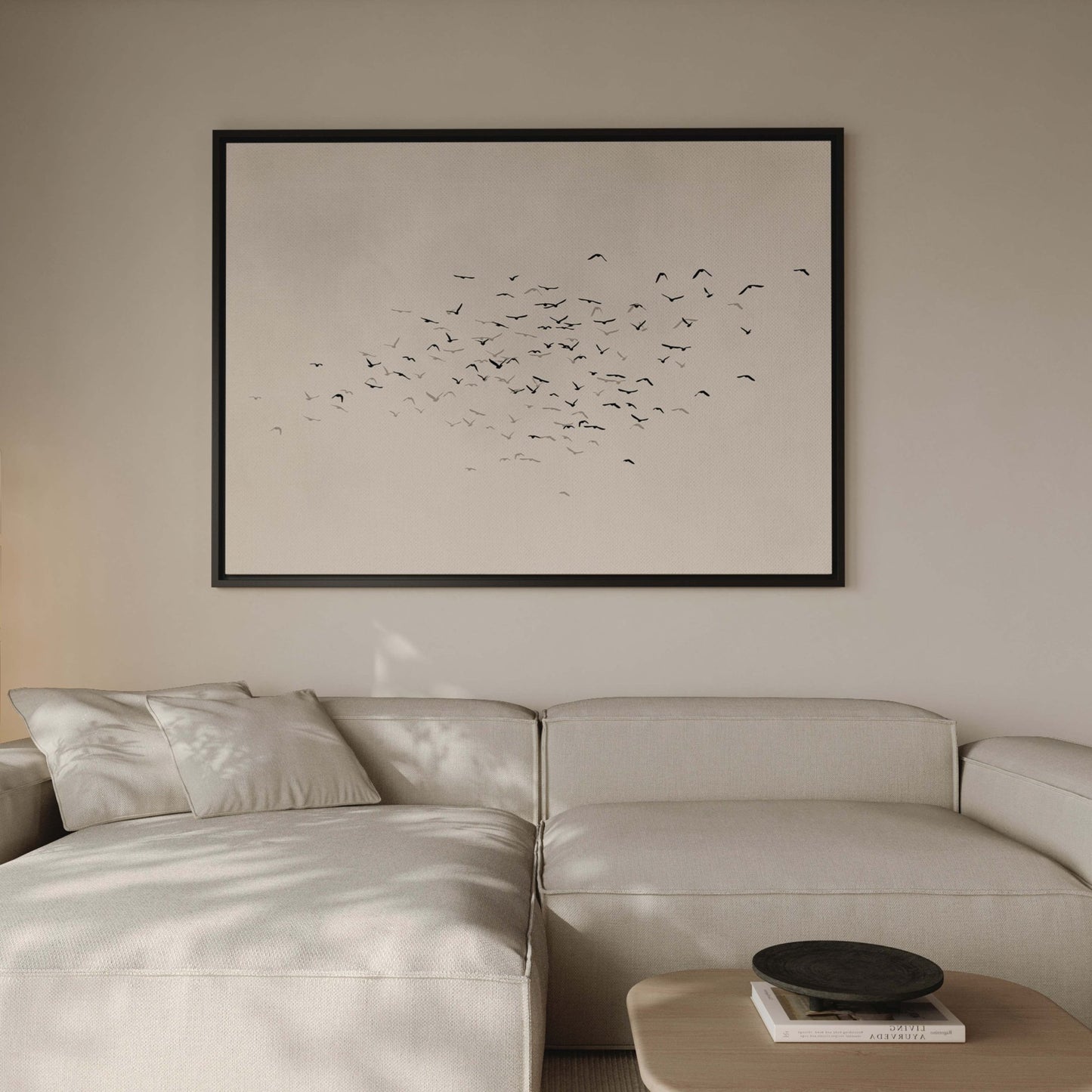 Les Oiseaux Framed Canvas - Neutral / Horizontal - AureousHome