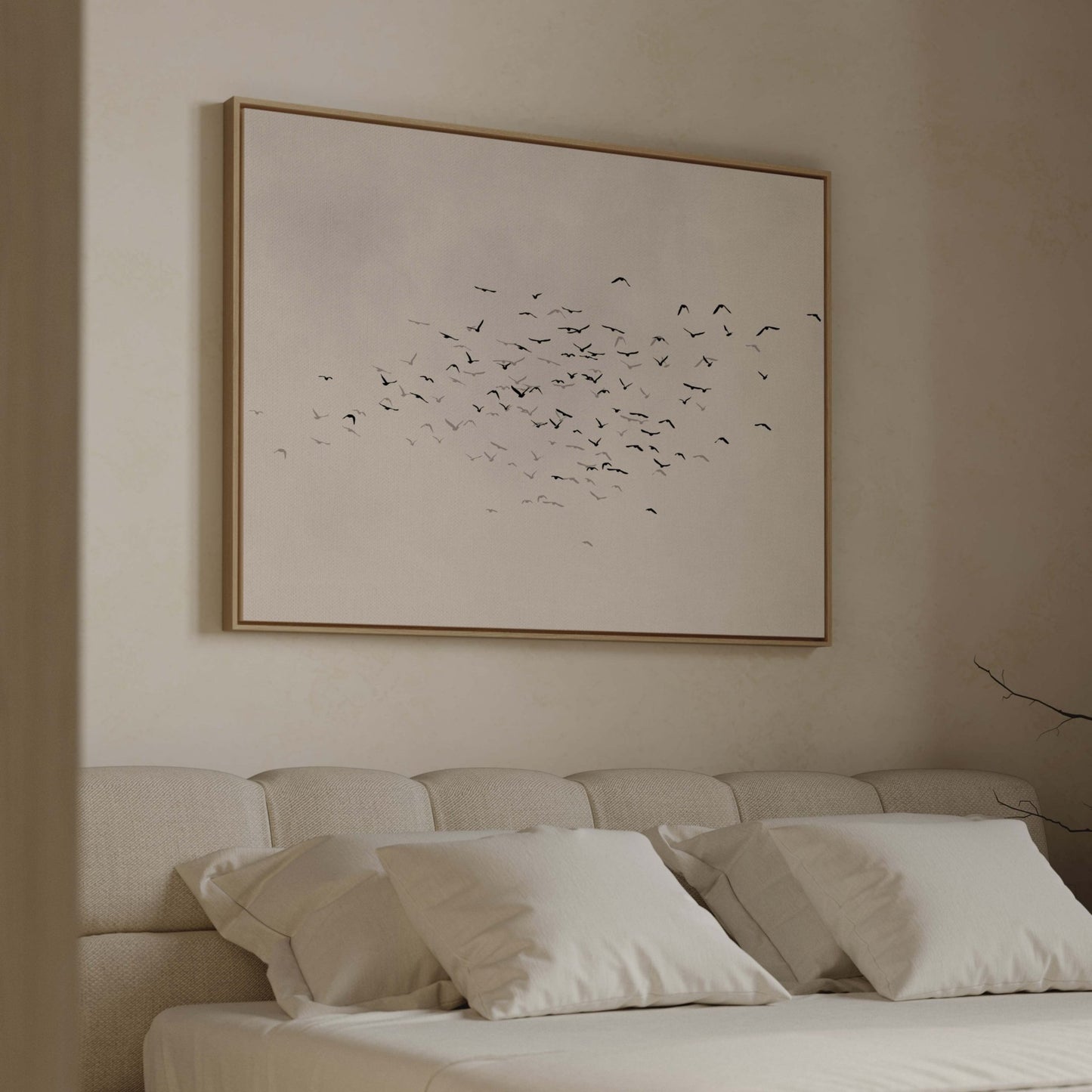 Les Oiseaux Framed Canvas - Neutral / Horizontal - AureousHome