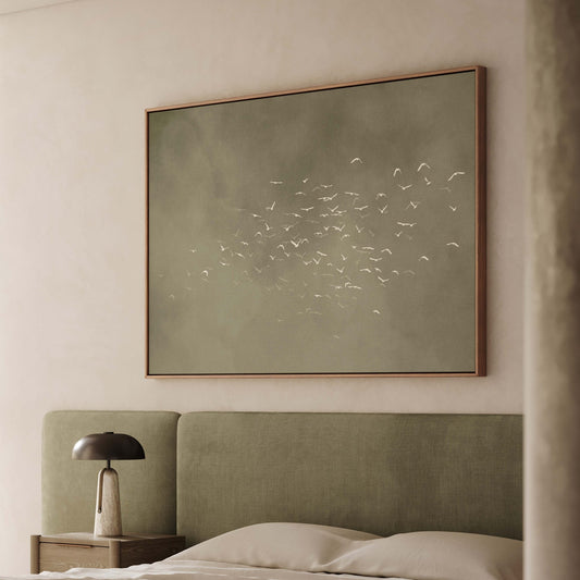 Les Oiseaux Framed Canvas - Olive / Horizontal - AureousHome