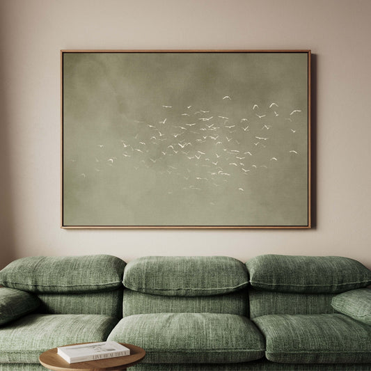 Les Oiseaux Framed Canvas - Olive / Horizontal - AureousHome