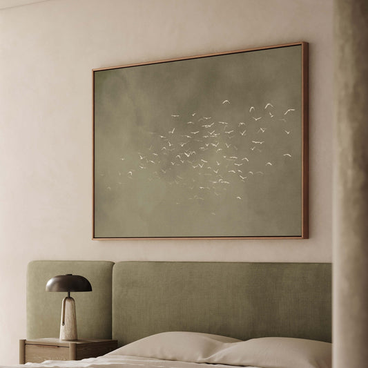 Les Oiseaux Framed Canvas - Olive / Horizontal - AureousHome