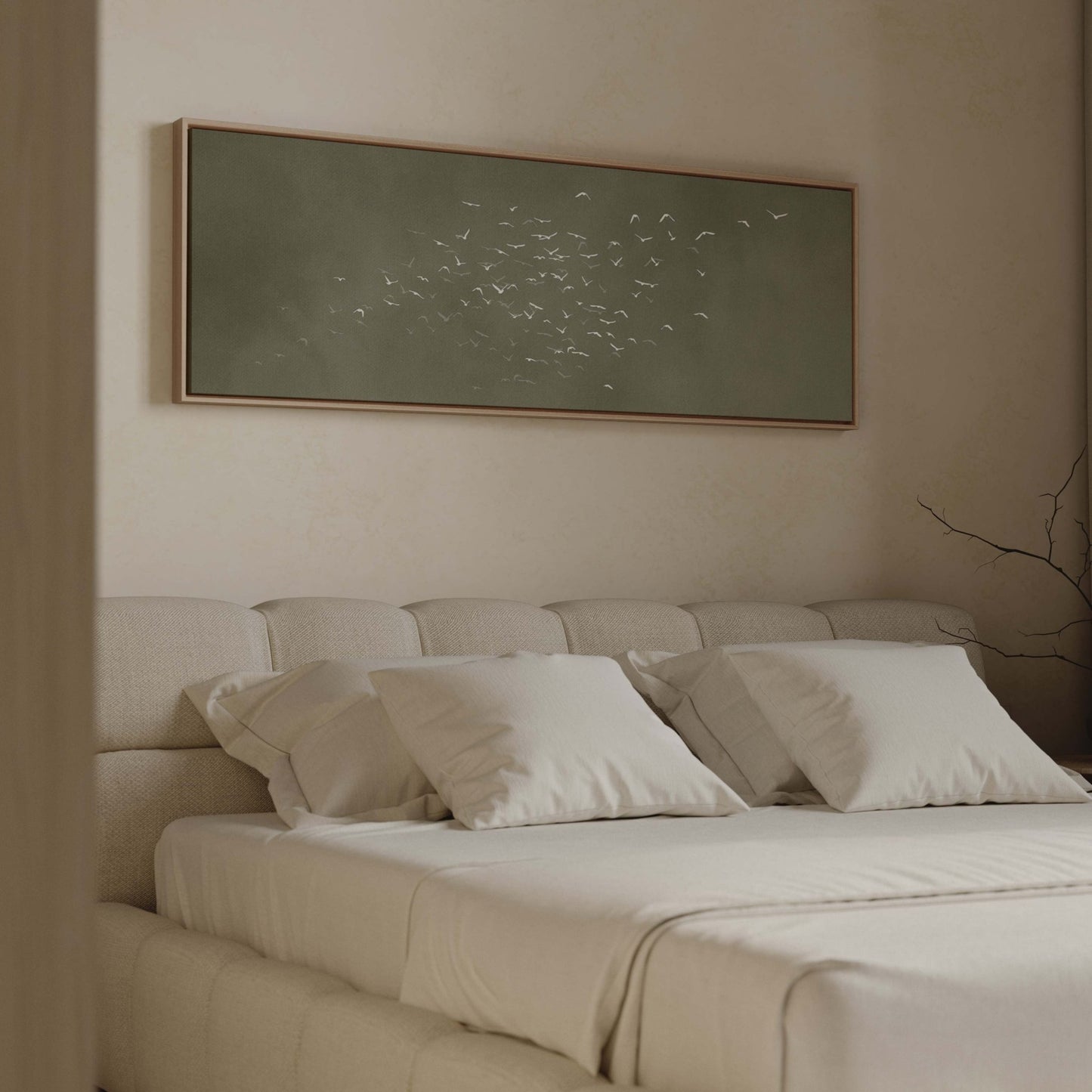 Les Oiseaux Framed Canvas - Olive / Panoramic - AureousHome