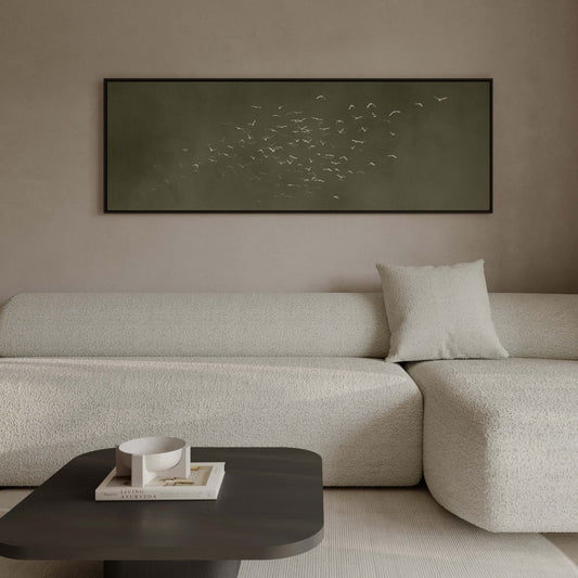 Les Oiseaux Framed Canvas - Olive / Panoramic - AureousHome