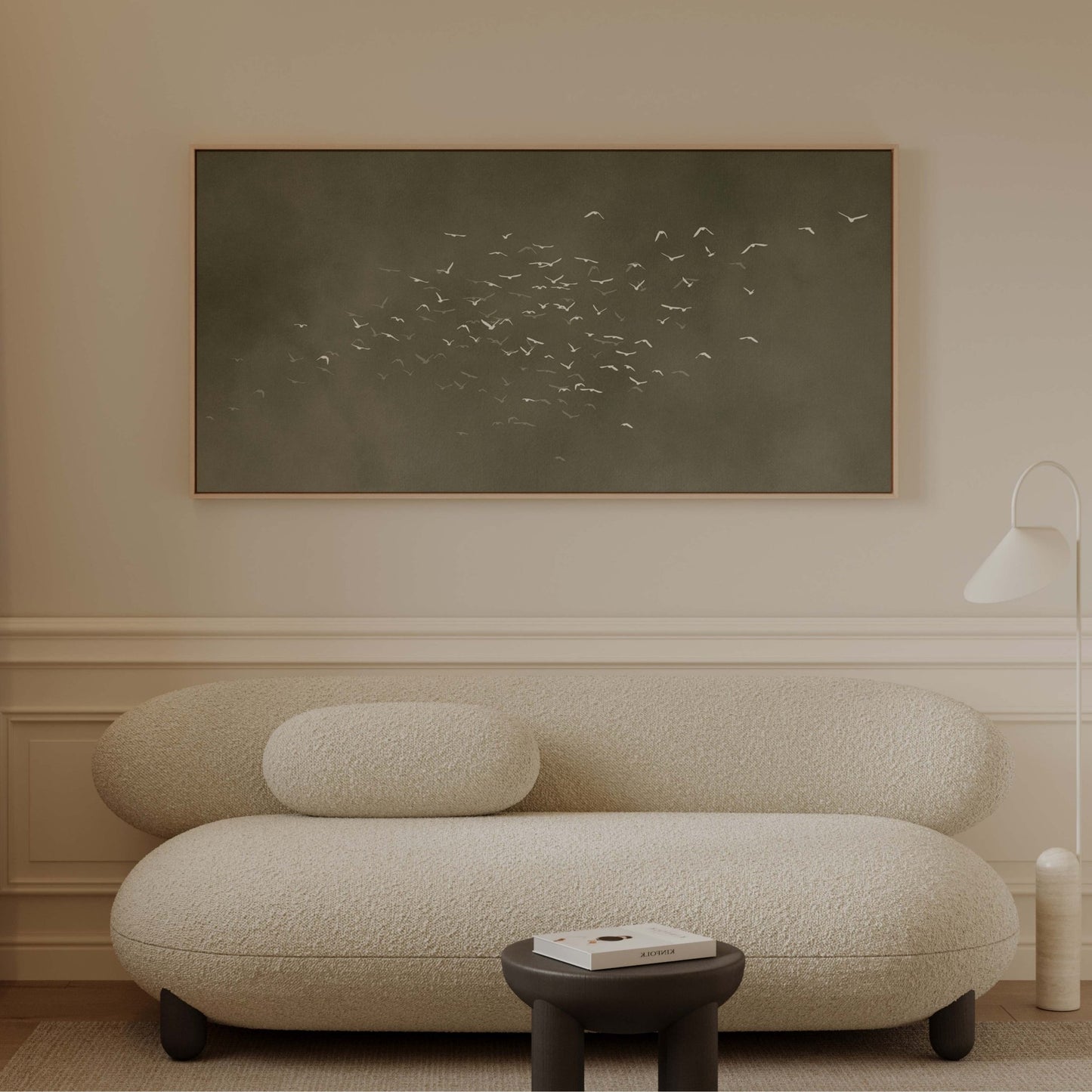 Les Oiseaux Framed Canvas - Olive / Panoramic - AureousHome