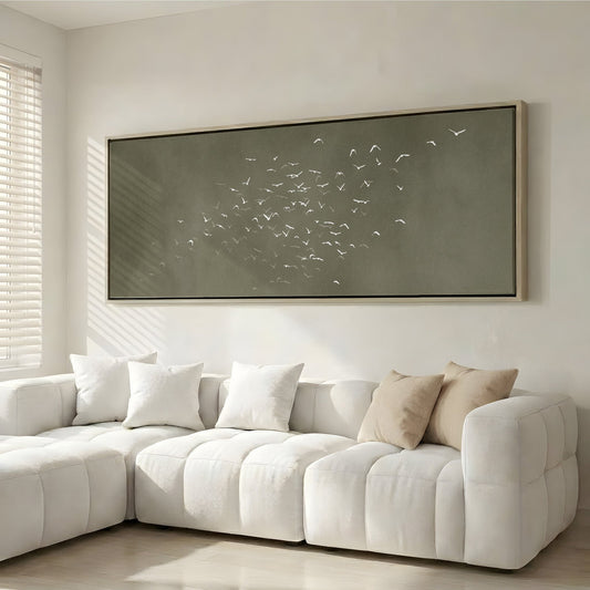Les Oiseaux Framed Canvas - Olive / Panoramic - AureousHome