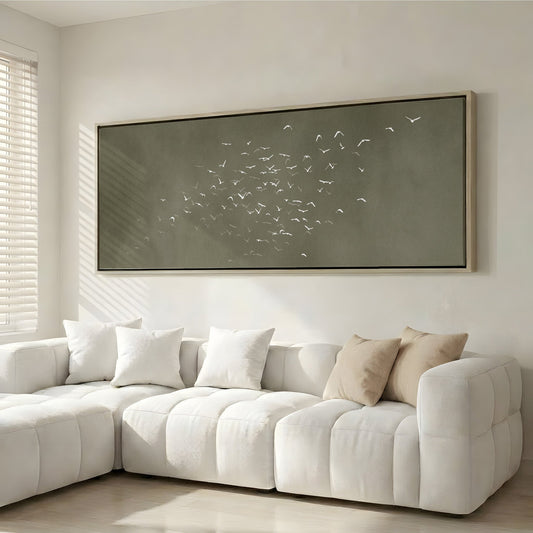 Les Oiseaux Framed Canvas - Olive / Panoramic - AureousHome