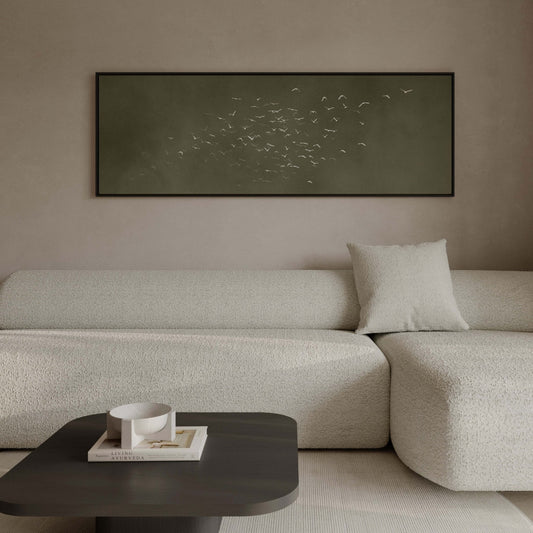 Les Oiseaux Framed Canvas - Olive / Panoramic - AureousHome