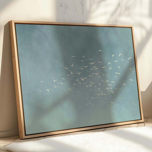 Les Oiseaux Framed Canvas - Sky Blue / Horizontal - AureousHome