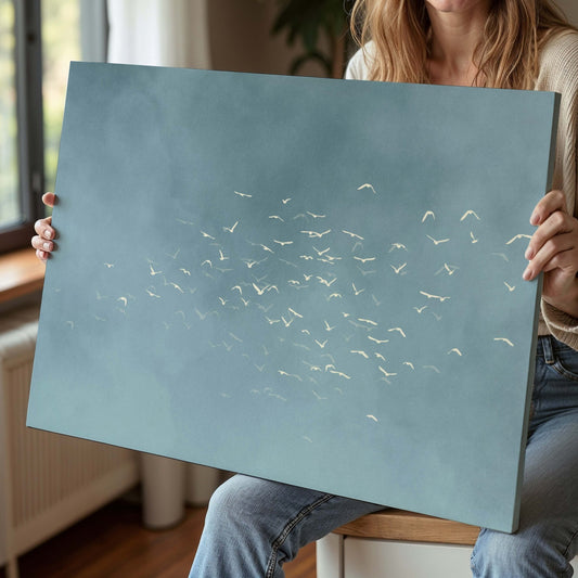 Les Oiseaux Framed Canvas - Sky Blue / Horizontal - AureousHome