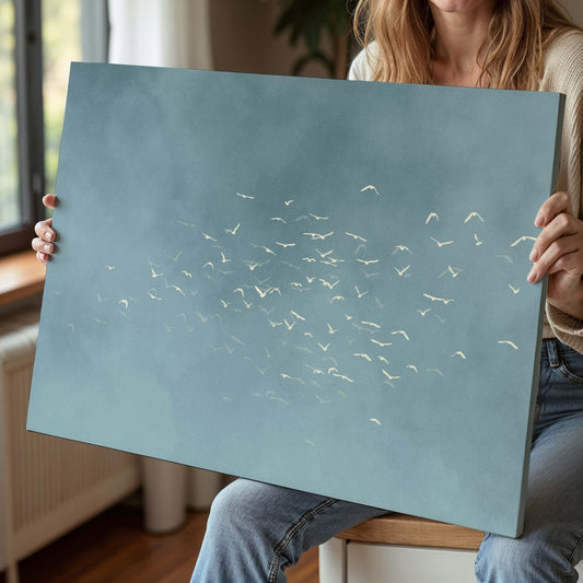 Les Oiseaux Framed Canvas - Sky Blue / Horizontal - AureousHome