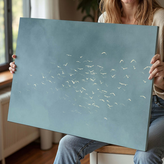 Les Oiseaux Framed Canvas - Sky Blue / Horizontal - AureousHome