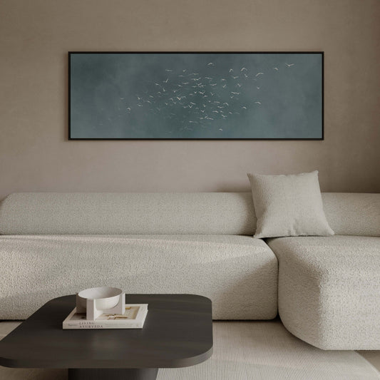Les Oiseaux Framed Canvas - Sky Blue / Panoramic - AureousHome