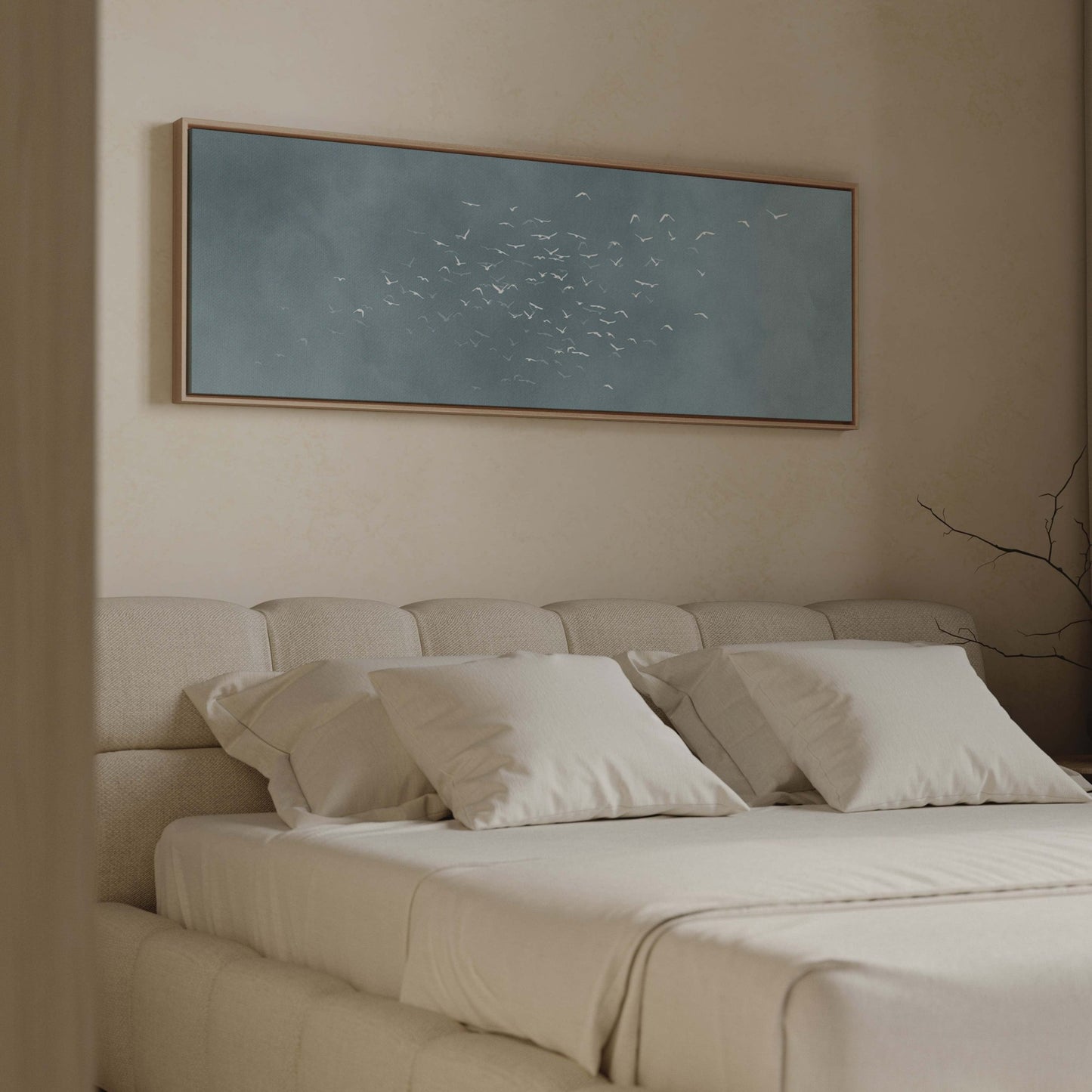 Les Oiseaux Framed Canvas - Sky Blue / Panoramic - AureousHome